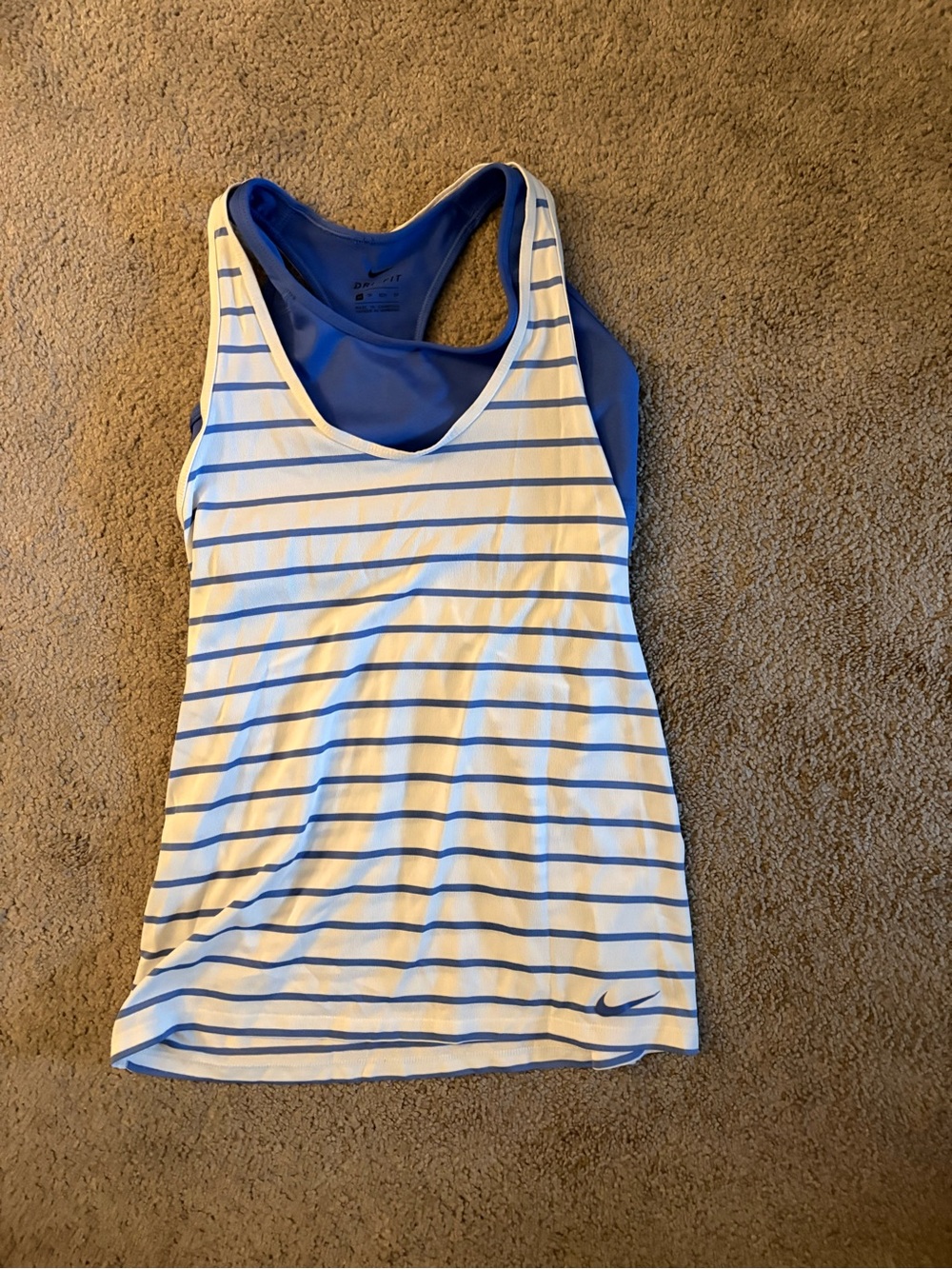 Nike White Tank with Blue Striped Racerback with built in sports bra